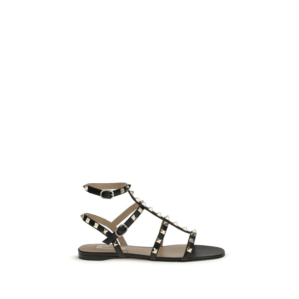 Valentino Garavani Black Calf Leather Bos Taurus Flat Sandals Valentino Garavani