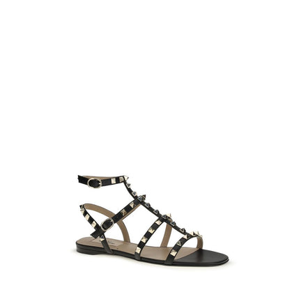 Valentino Garavani Black Calf Leather Bos Taurus Flat Sandals Valentino Garavani