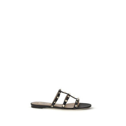 Valentino Garavani Black Calf Leather Bos Taurus Flat Sandals Valentino Garavani