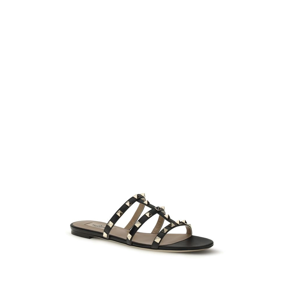 Valentino Garavani Black Calf Leather Bos Taurus Flat Sandals Valentino Garavani