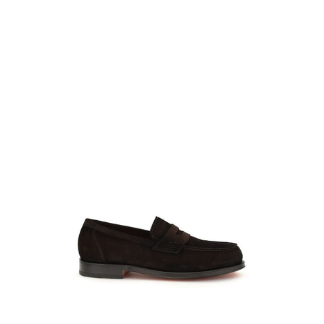 Santoni Brown Calf Leather Bos Taurus Slip-On Loafers Santoni