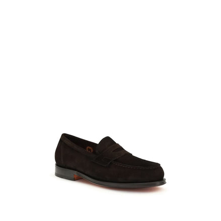 Santoni Brown Calf Leather Bos Taurus Slip-On Loafers Santoni