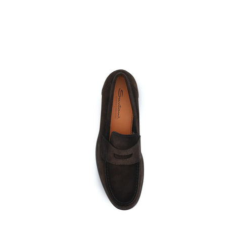 Santoni Brown Calf Leather Bos Taurus Slip-On Loafers Santoni
