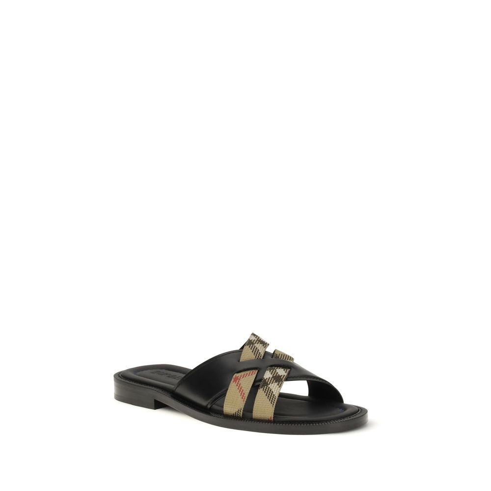 Burberry Black Calf Leather Bos Taurus Flat Sandals Burberry
