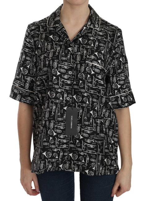 Dolce & Gabbana Black Musical Instrument Print Silk  Top Dolce & Gabbana