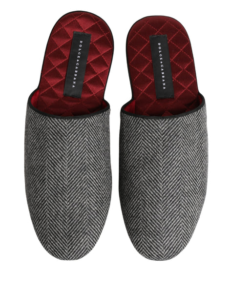 Dolce & Gabbana Grey Herringbone Cashmere Red Slippers Shoes