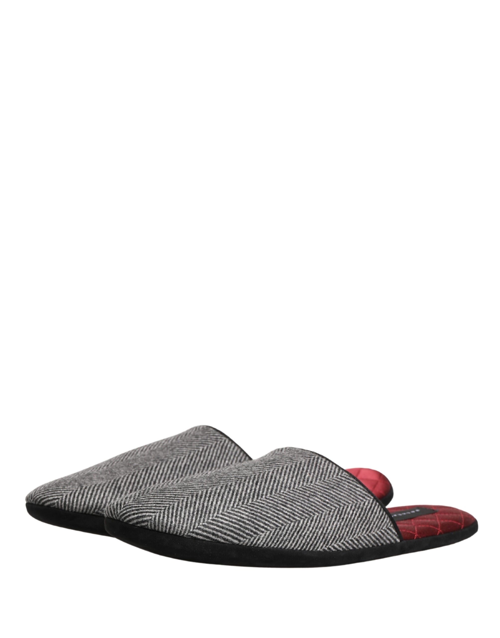 Dolce & Gabbana Grey Herringbone Cashmere Red Slippers Shoes