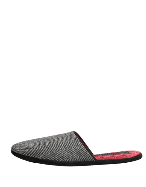 Dolce & Gabbana Grey Herringbone Cashmere Red Slippers Shoes