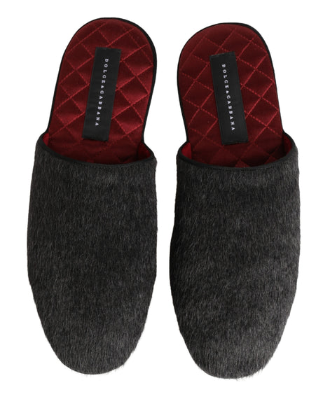 Dolce & Gabbana Dark Grey Charcoal Wool Red Slippers Shoes