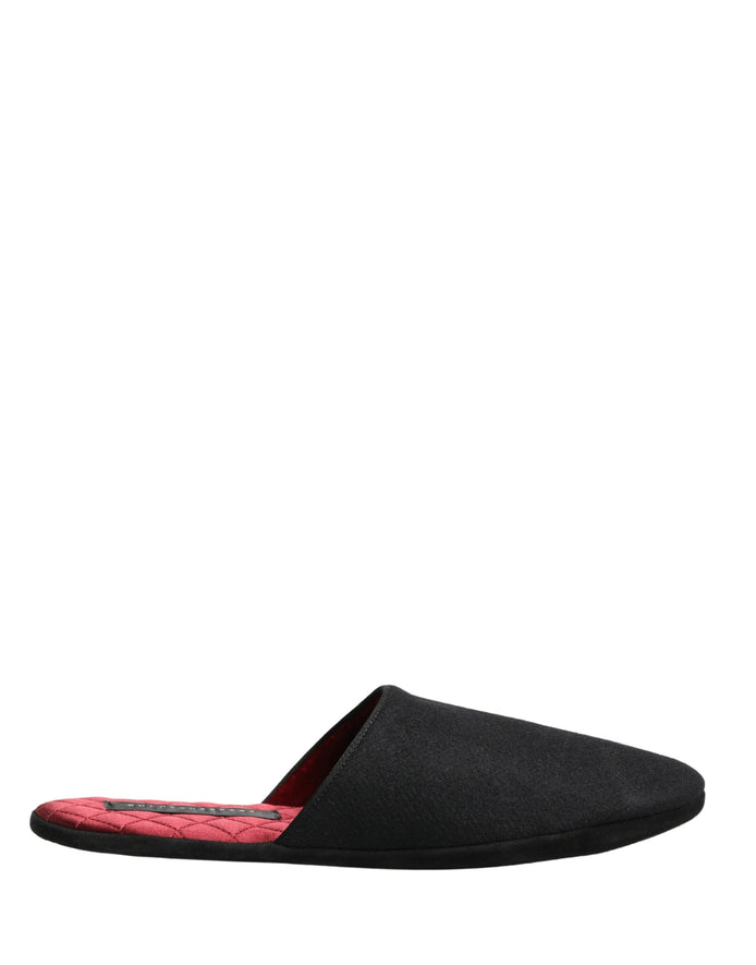 Dolce & Gabbana Black Wool Cashmere Red Quilted Slippers Shoes