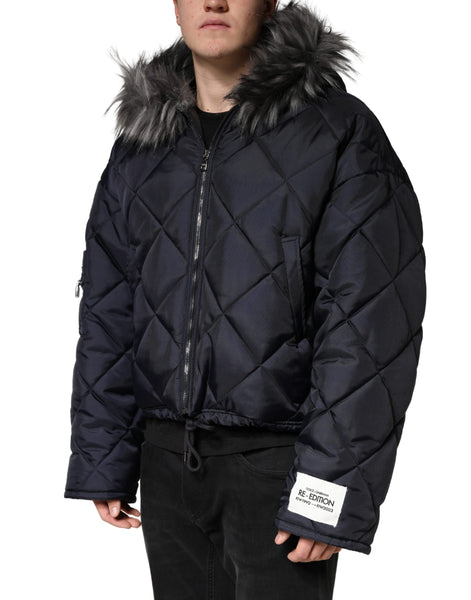 Dolce & Gabbana Black Quilted Fur Shearling Hooded  Jacket Dolce & Gabbana