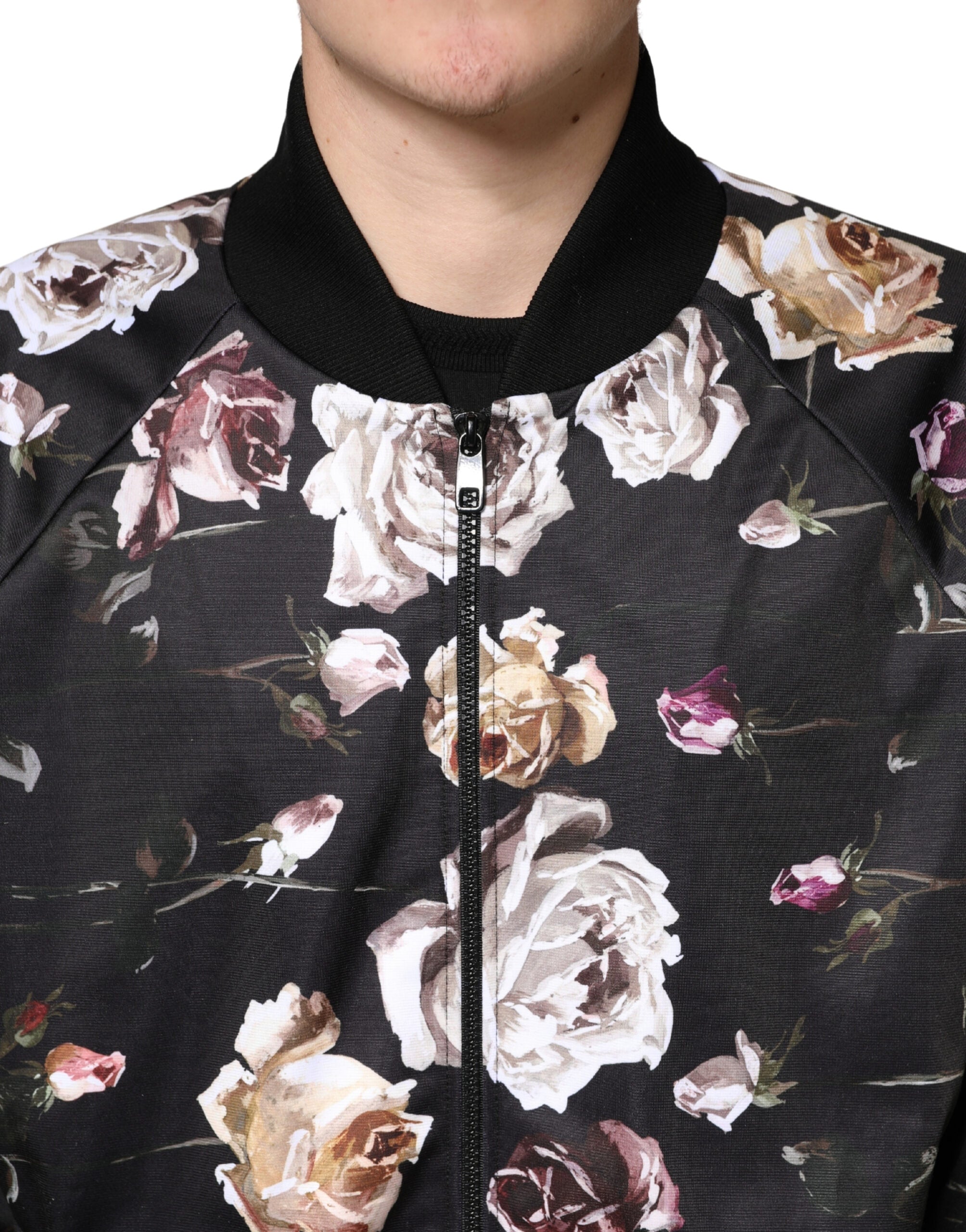 Dolce & Gabbana Black Floral Polyester Full Zip Bomber Jacket Dolce & Gabbana