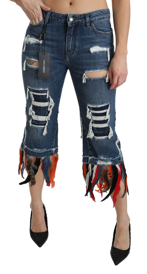 Dolce & Gabbana Blue Feathers Low Waist Cropped Cotton Jeans Dolce & Gabbana