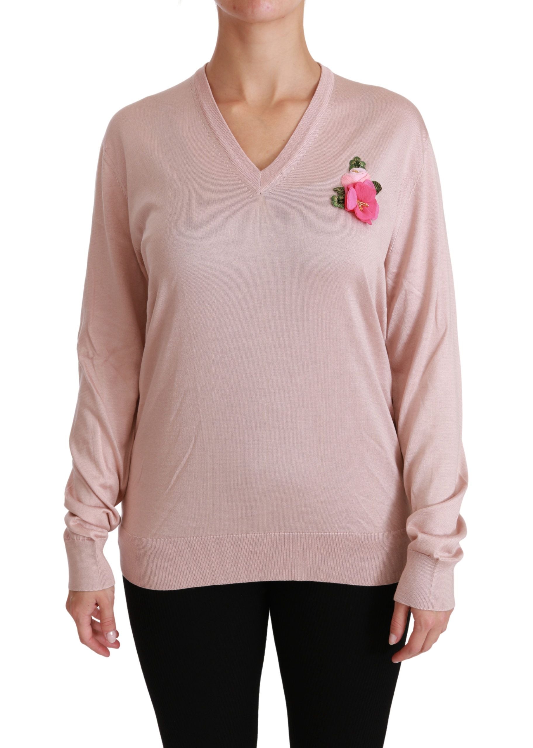 Dolce & Gabbana Pink Floral Embellished Pullover Silk Sweater Dolce & Gabbana