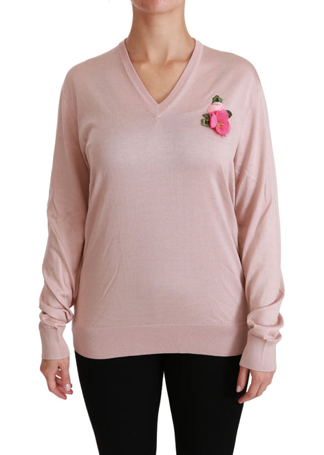 Dolce & Gabbana Pink Floral Embellished Pullover Silk Sweater Dolce & Gabbana