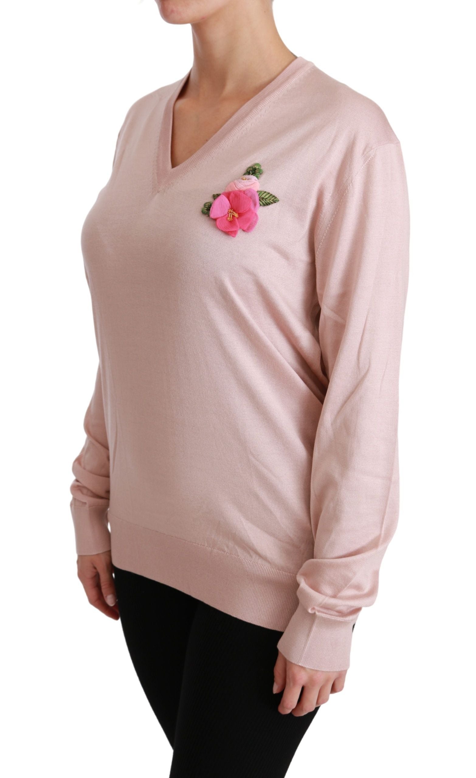 Dolce & Gabbana Pink Floral Embellished Pullover Silk Sweater Dolce & Gabbana