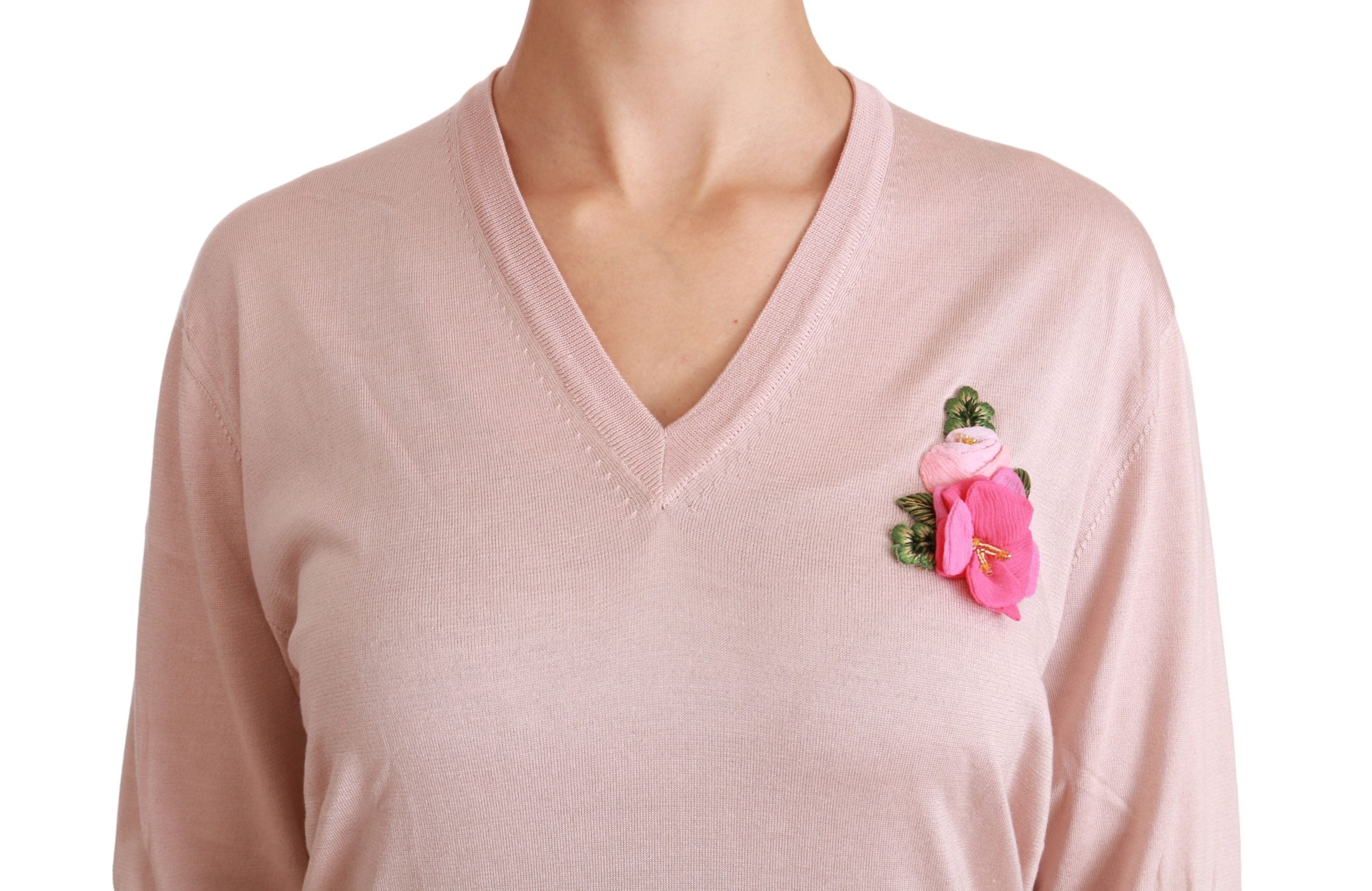 Dolce & Gabbana Pink Floral Embellished Pullover Silk Sweater Dolce & Gabbana