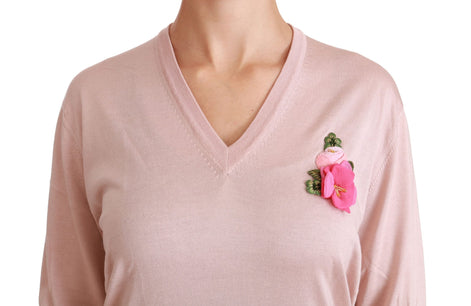Dolce & Gabbana Pink Floral Embellished Pullover Silk Sweater Dolce & Gabbana