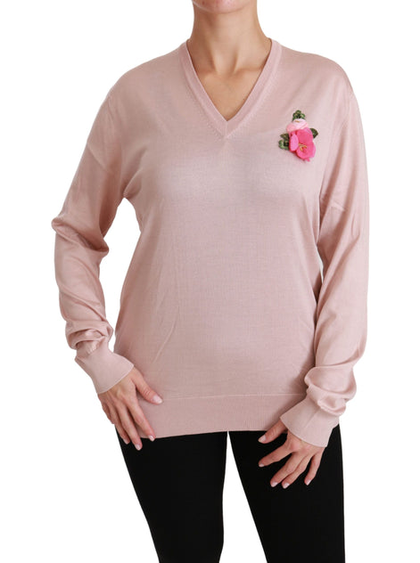 Dolce & Gabbana Pink Floral Embellished Pullover Silk Sweater Dolce & Gabbana