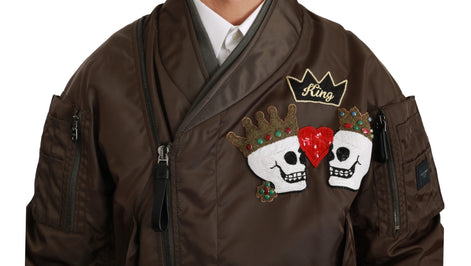 Dolce & Gabbana Brown Beaded Crown Skull Logo Jacket Dolce & Gabbana