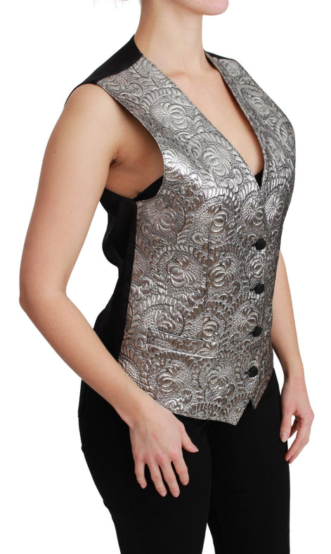 Dolce & Gabbana Silver Brocade Sleeveless Metallic Top Dolce & Gabbana