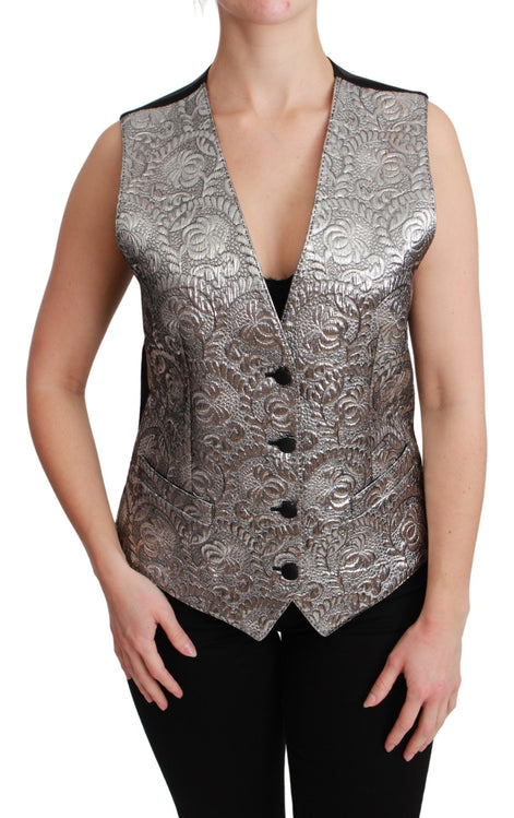 Dolce & Gabbana Silver Brocade Sleeveless Metallic Top Dolce & Gabbana