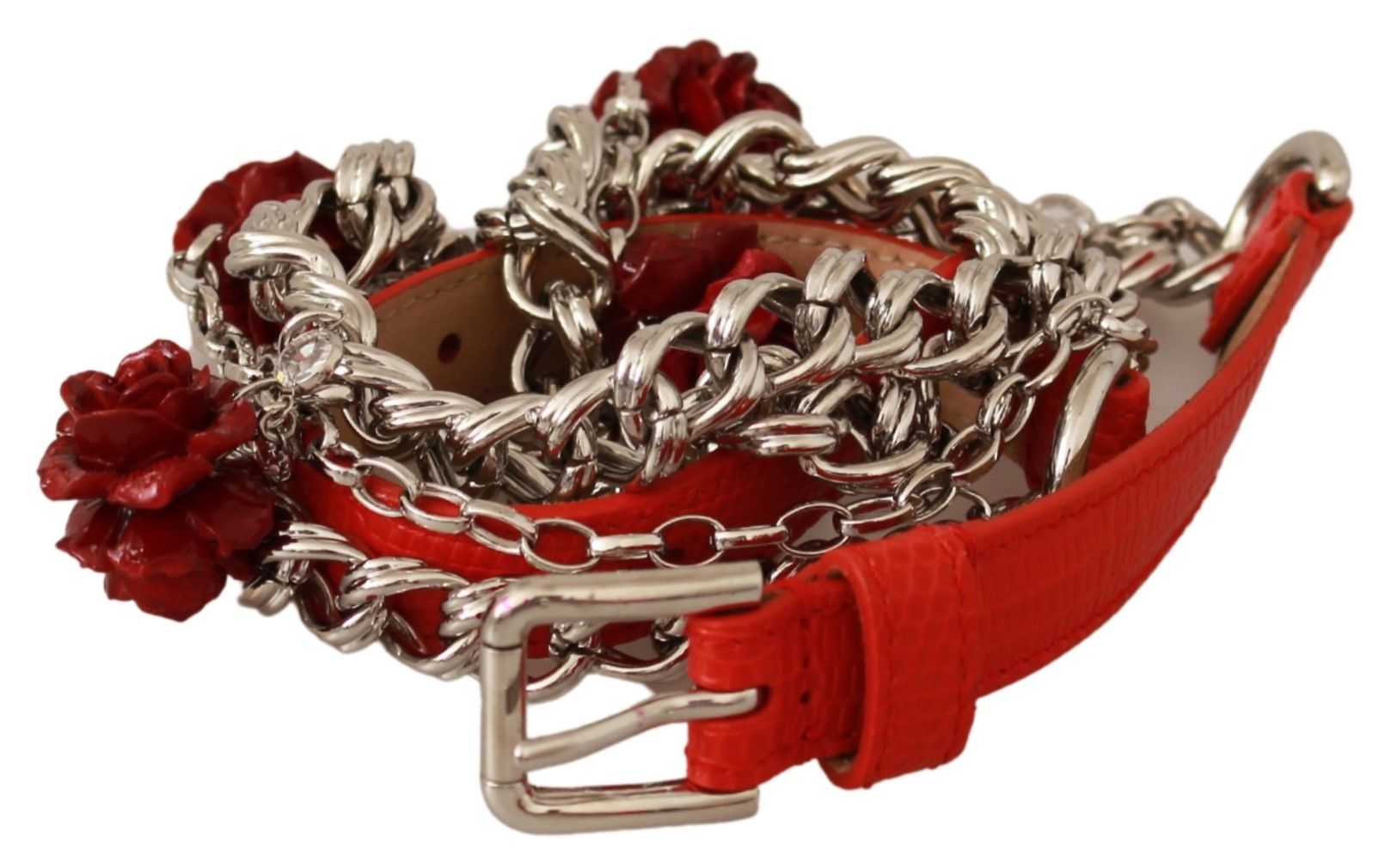 Dolce & Gabbana Red Leather Roses Floral Silver Waist Belt Dolce & Gabbana