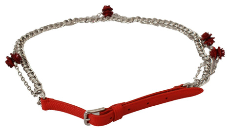 Dolce & Gabbana Red Leather Roses Floral Silver Waist Belt Dolce & Gabbana
