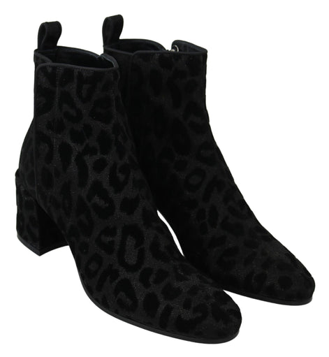 Dolce & Gabbana Black Leopard Short Boots Zipper Shoes Dolce & Gabbana