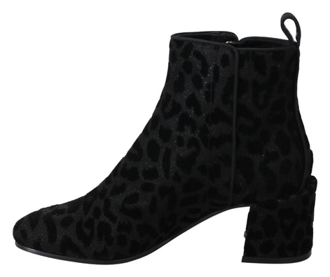 Dolce & Gabbana Black Leopard Short Boots Zipper Shoes Dolce & Gabbana