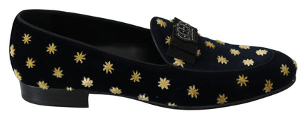 Dolce & Gabbana Blue Velvet Crown Slippers Loafers Shoes Dolce & Gabbana