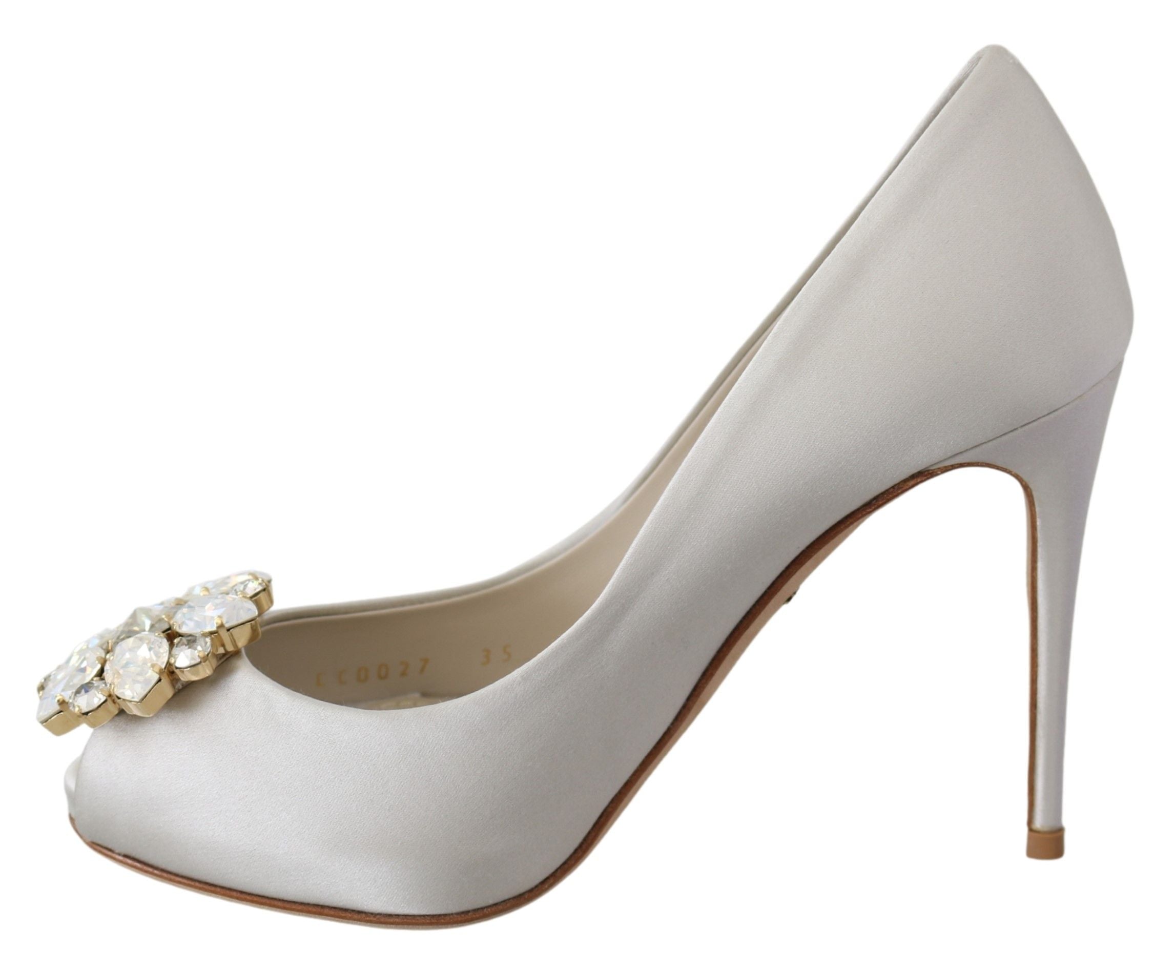 Dolce & Gabbana White Crystals Peep Toe Heels Satin Pumps Shoes Dolce & Gabbana