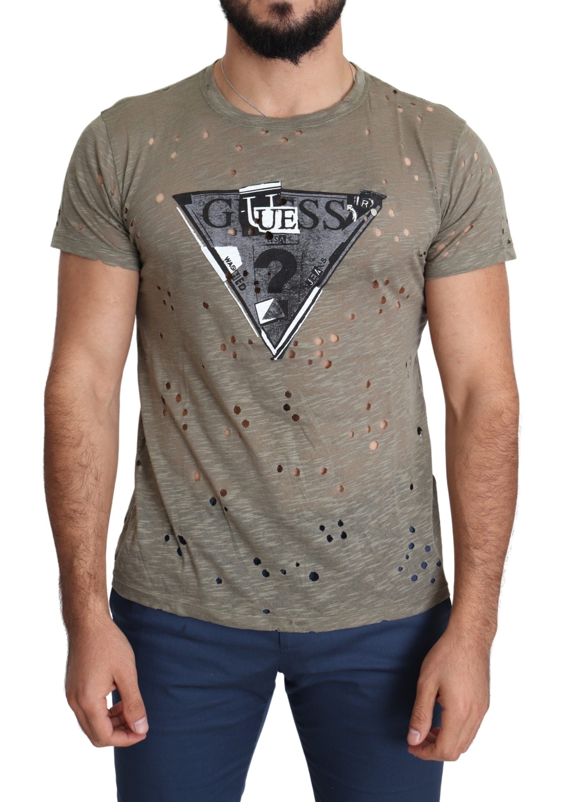 Guess Brown Cotton Stretch Logo Print Men Casual Perforated T-shirt Guess