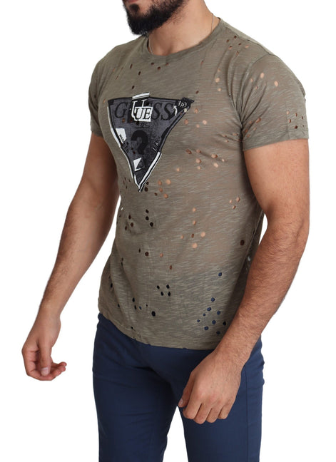 Guess Brown Cotton Stretch Logo Print Men Casual Perforated T-shirt Guess