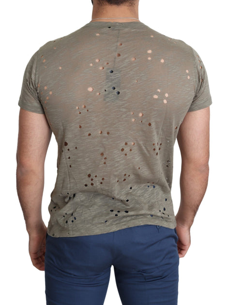 Guess Brown Cotton Stretch Logo Print Men Casual Perforated T-shirt Guess