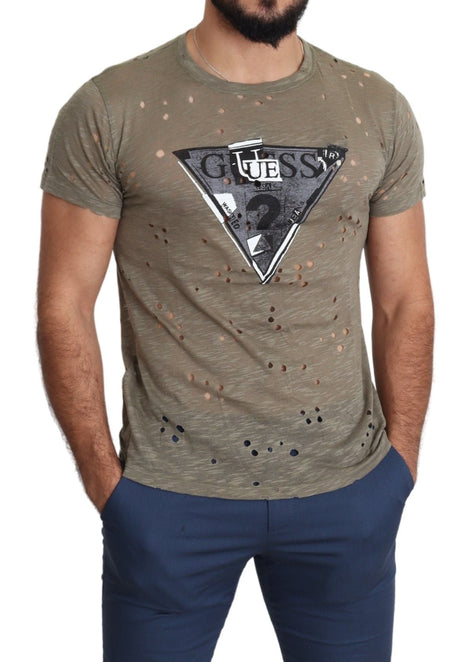 Guess Brown Cotton Stretch Logo Print Men Casual Perforated T-shirt Guess