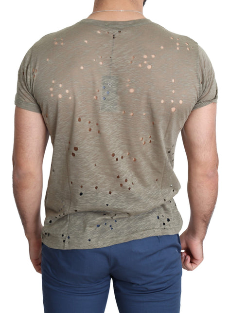 Guess Brown Cotton Stretch Logo Print Men Casual Perforated T-shirt Guess