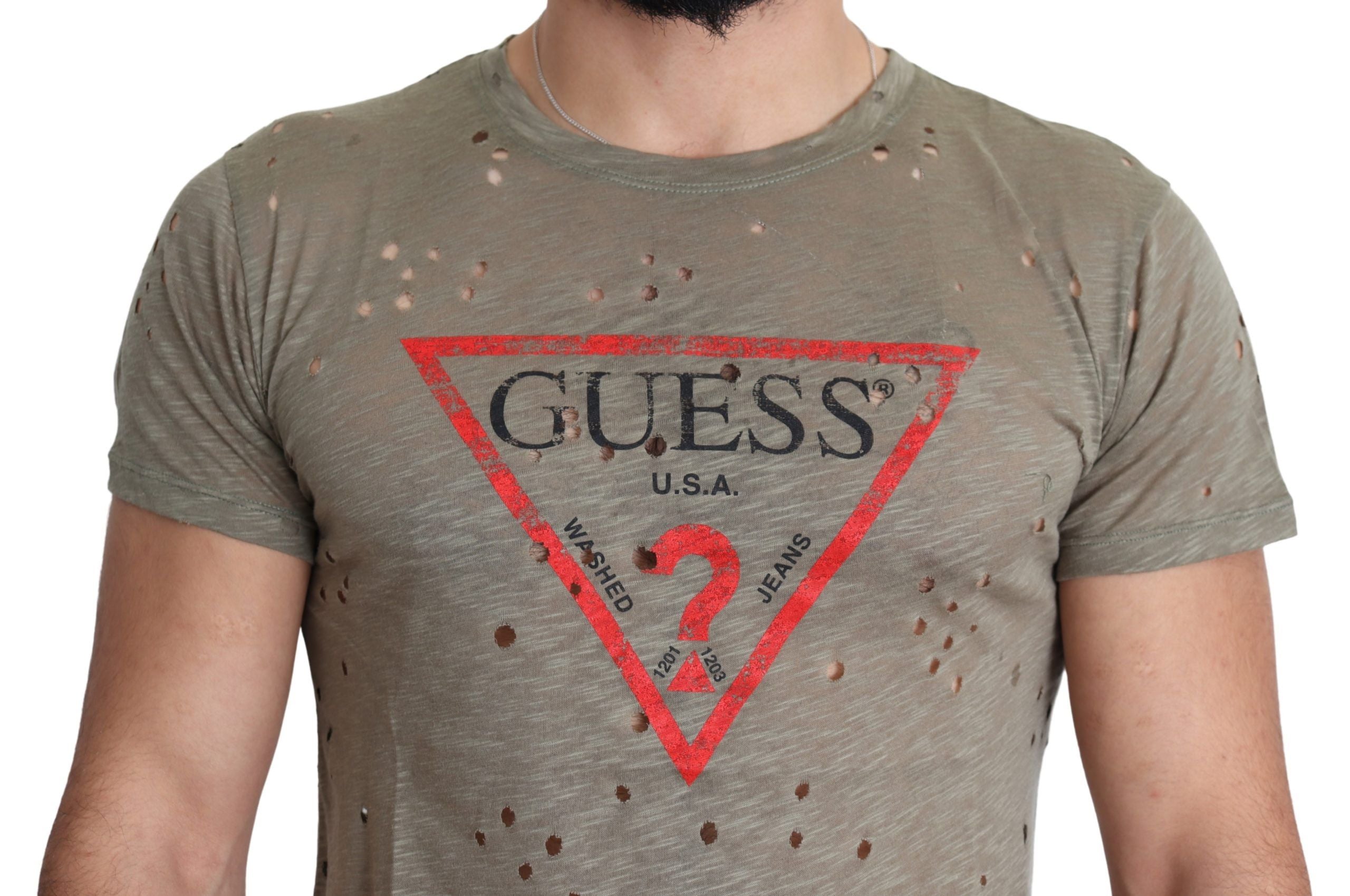 Guess Brown Cotton Stretch Logo Print Men Casual Perforated T-shirt Guess