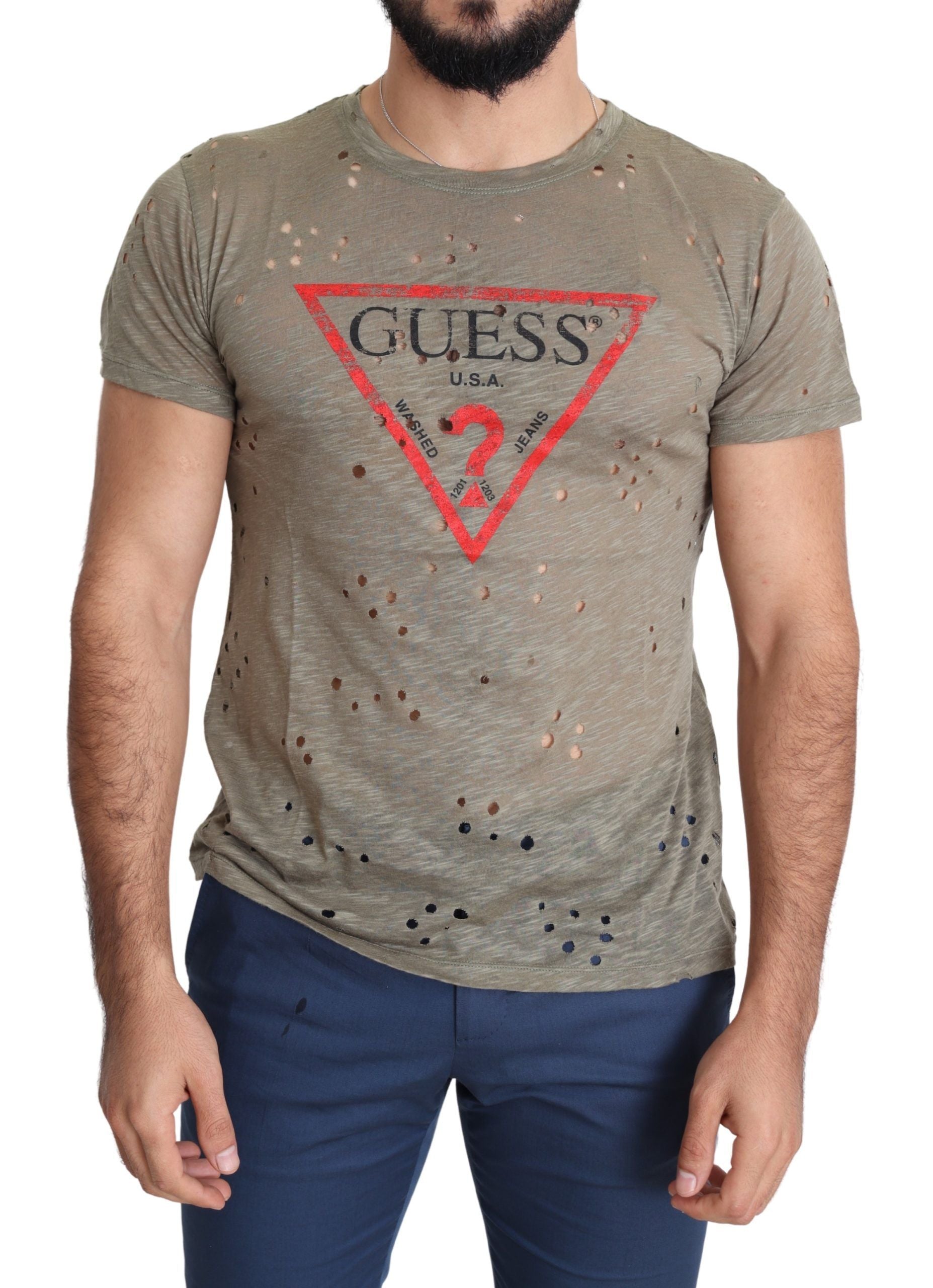 Guess Brown Cotton Stretch Logo Print Men Casual Perforated T-shirt Guess