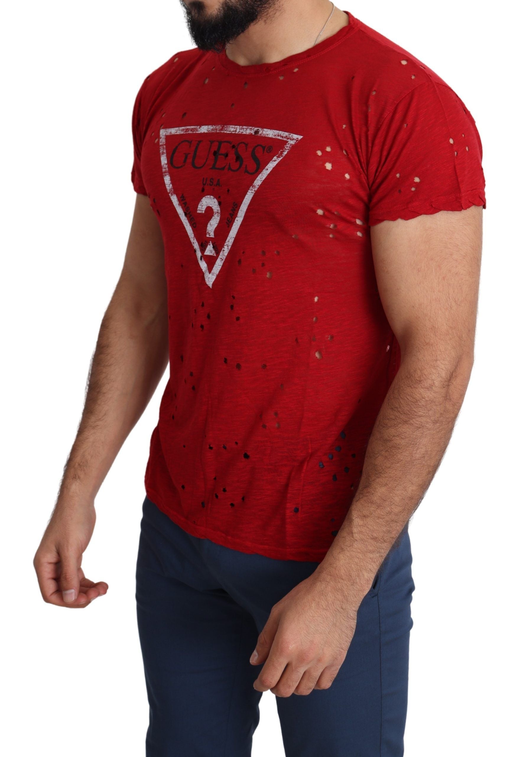 Guess Red Cotton Logo Print Men Casual Top Perforated T-shirt Guess