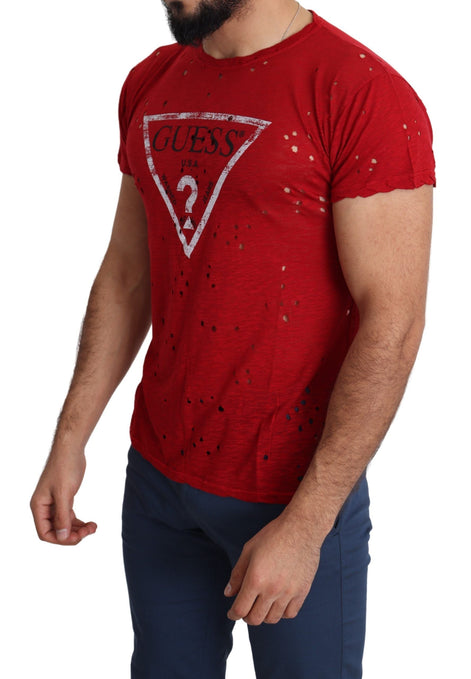 Guess Red Cotton Logo Print Men Casual Top Perforated T-shirt Guess
