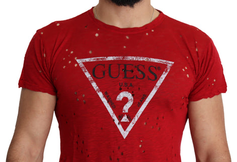 Guess Red Cotton Logo Print Men Casual Top Perforated T-shirt Guess