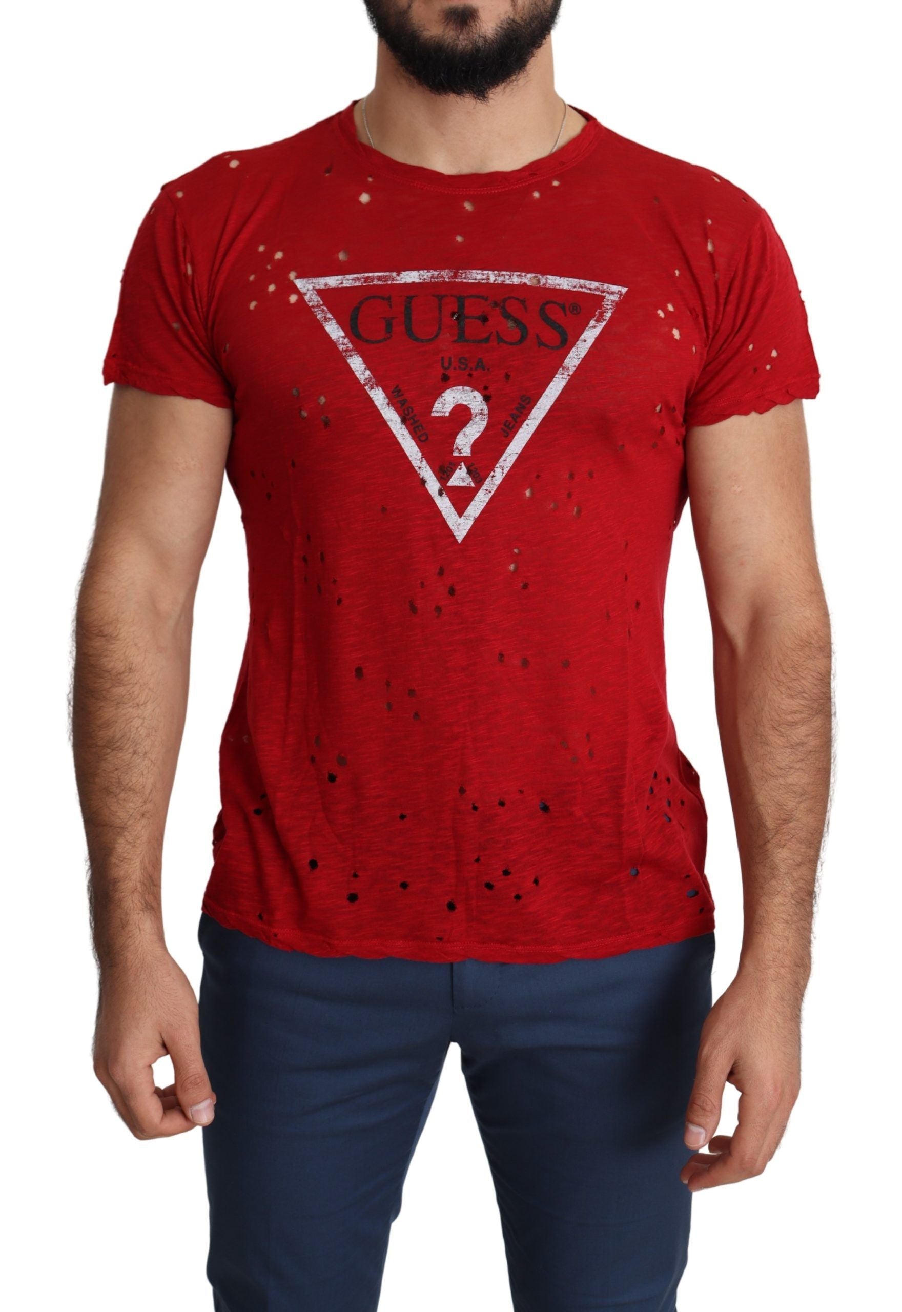 Guess Red Cotton Logo Print Men Casual Top Perforated T-shirt Guess