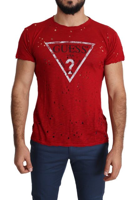 Guess Red Cotton Logo Print Men Casual Top Perforated T-shirt Guess