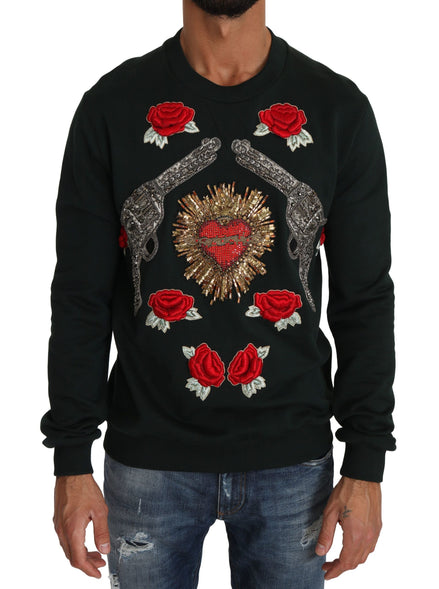 Dolce & Gabbana Green Crystal Heart Roses Gun Sweater Dolce & Gabbana