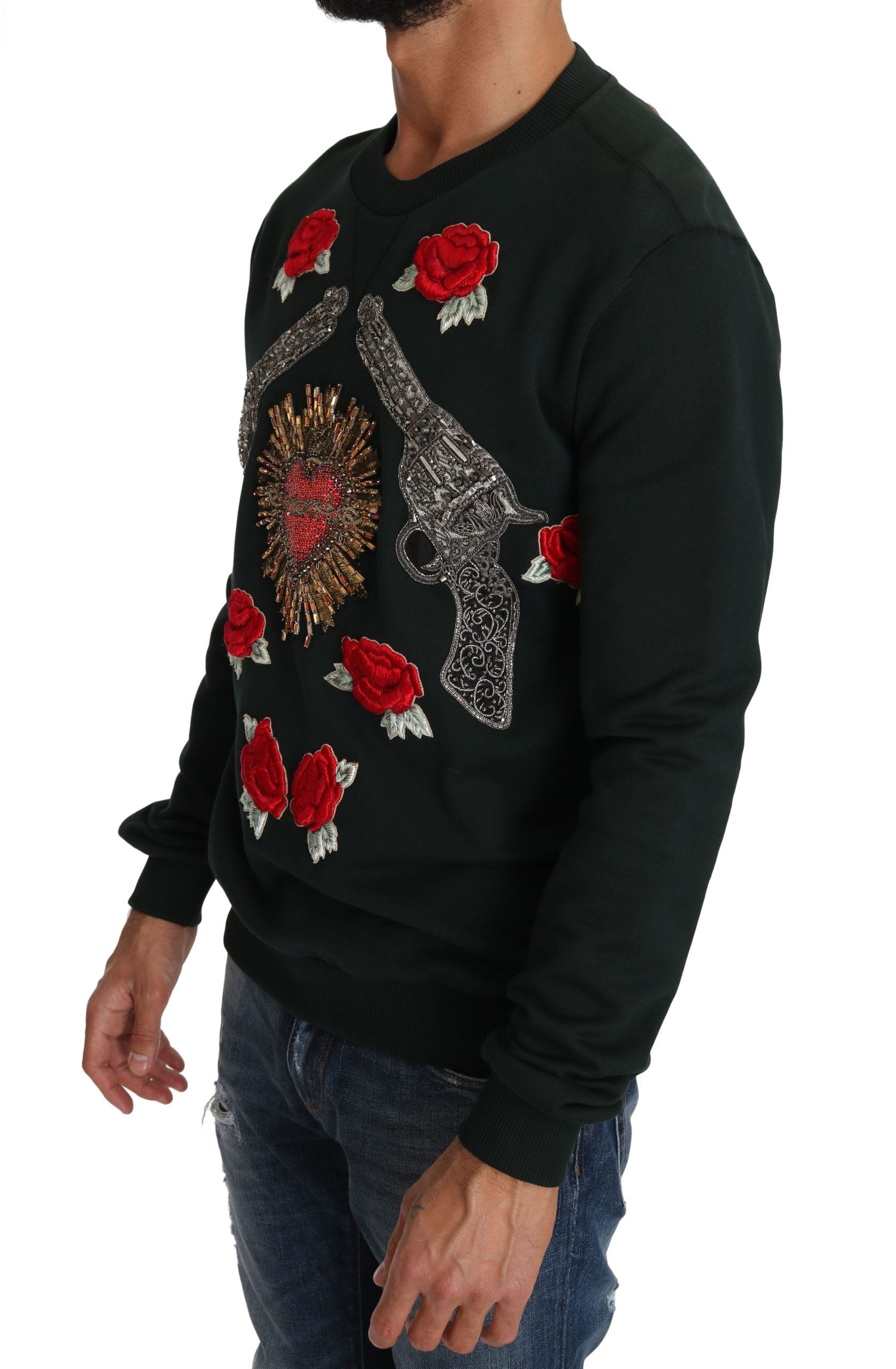 Dolce & Gabbana Green Crystal Heart Roses Gun Sweater Dolce & Gabbana