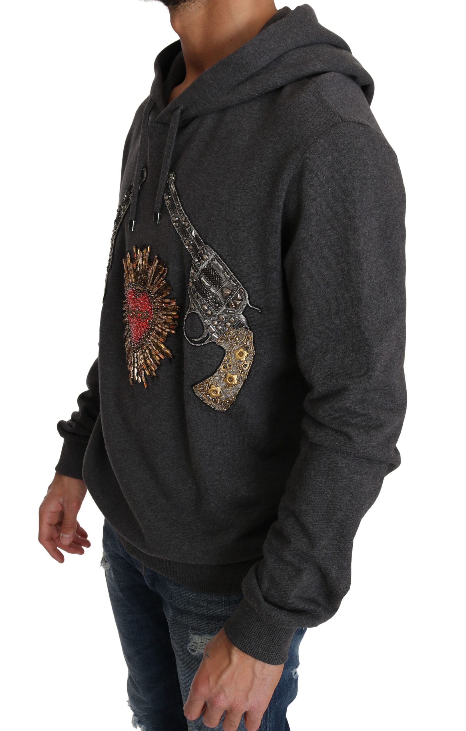 Dolce & Gabbana Gray Hooded Red Crystal Heart Gun Sweater Dolce & Gabbana