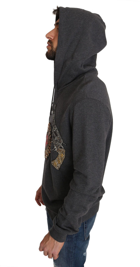 Dolce & Gabbana Gray Hooded Red Crystal Heart Gun Sweater Dolce & Gabbana