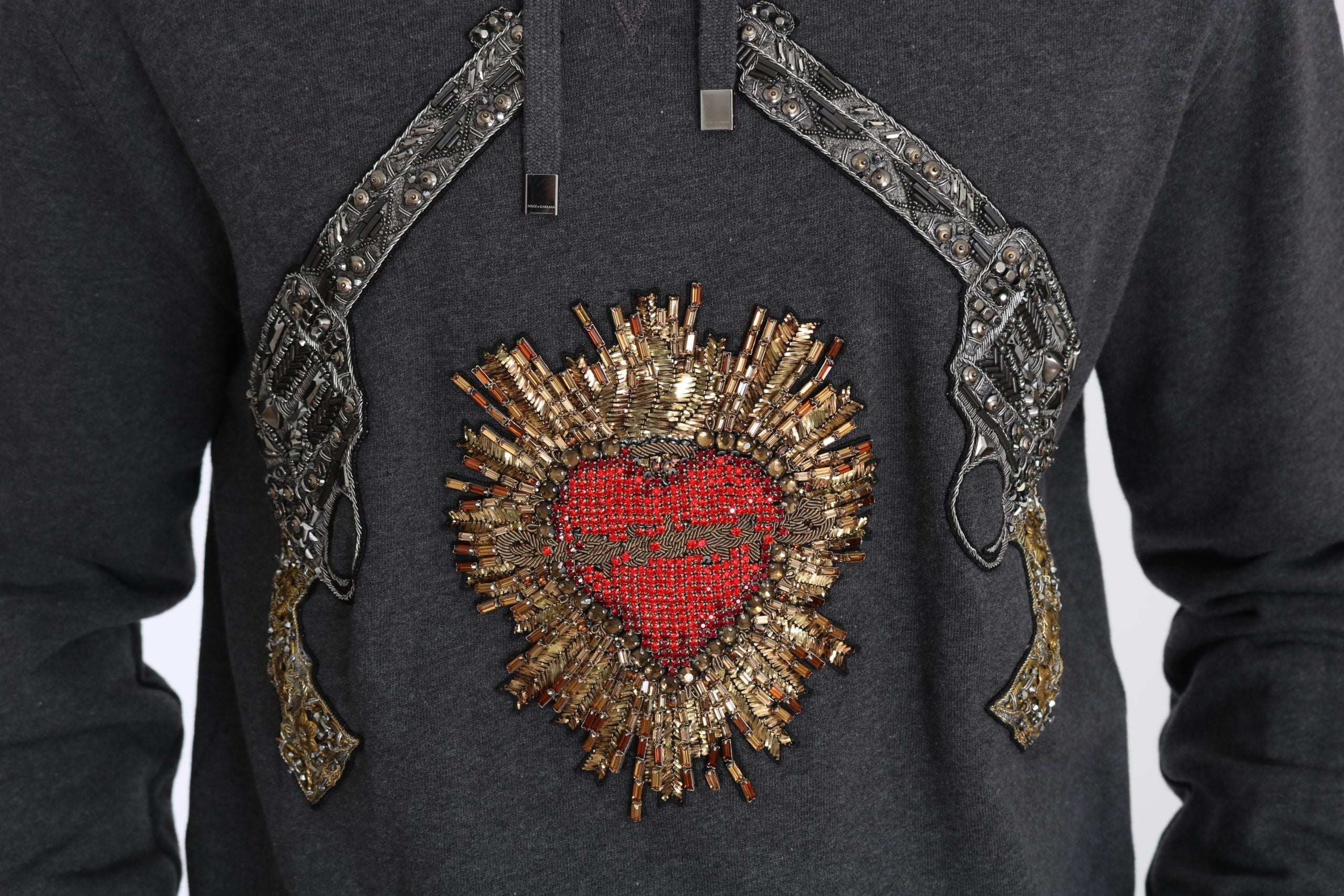 Dolce & Gabbana Gray Hooded Red Crystal Heart Gun Sweater Dolce & Gabbana
