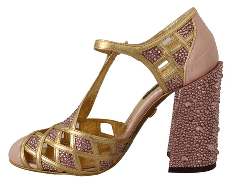 Dolce & Gabbana Pink Gold Leather Crystal Pumps T-strap Shoes Dolce & Gabbana